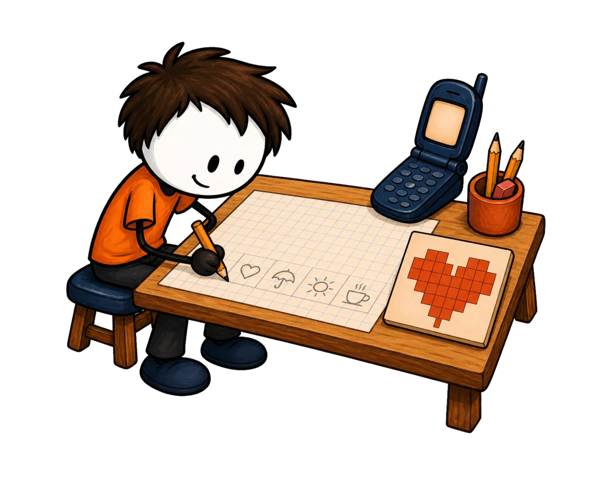 Code emoji : les premiers pictogrammes crayonnés sur du papier millimétré pour les téléphones japonais de 1999, chacun tenant dans douze pixels sur douze