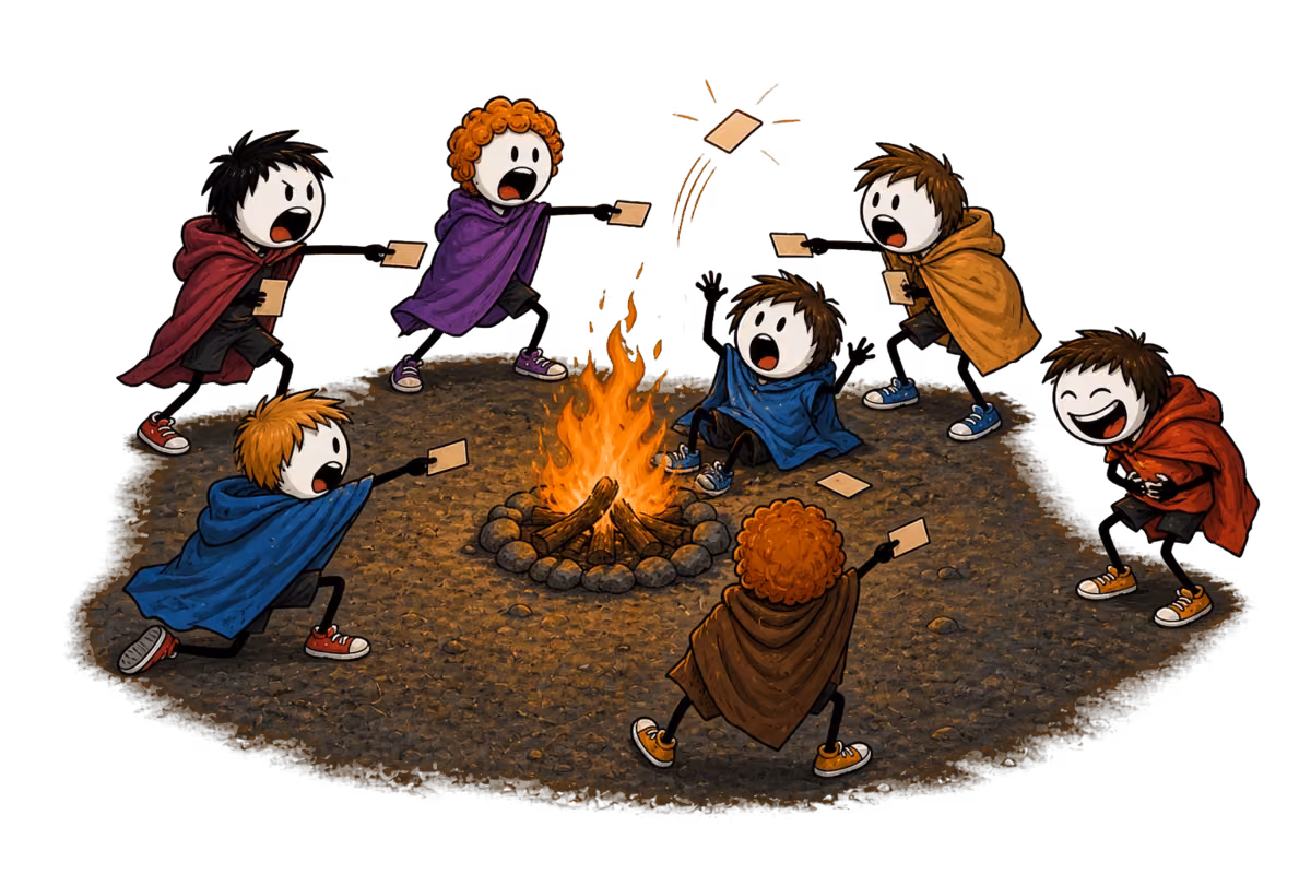 Loup-Garou en veillée de colo : au feu de camp, le village entier tend le bras vers le même joueur au moment du vote, et l’accusé lève les deux paumes en jurant que ce n’est pas lui