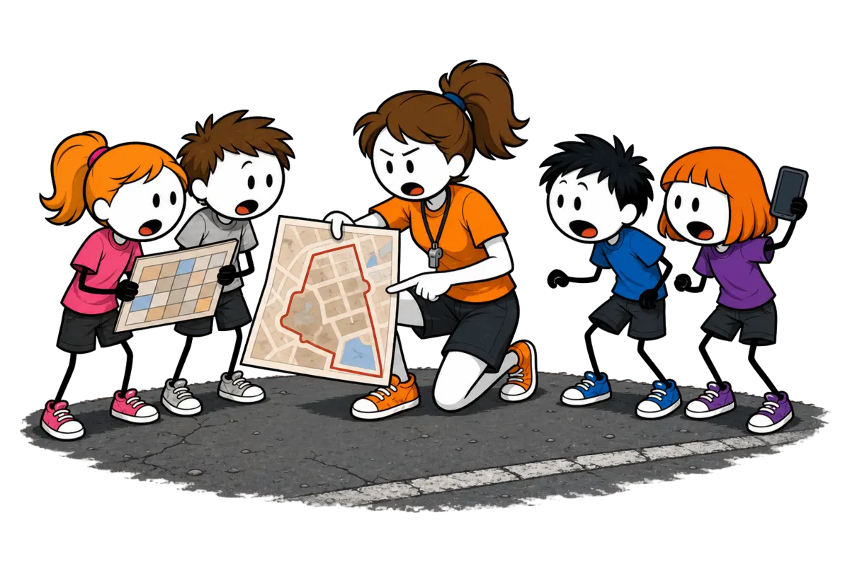 Bingo urbain, jeu d'observation en colo : l'animatrice montre la limite de la zone sur le plan déplié avant le départ des équipes