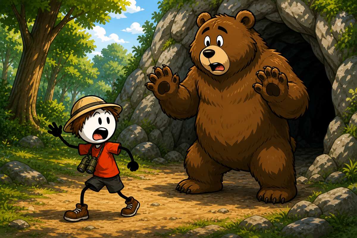 Chasse à l'ours, chant à répéter en colo : au bout du chemin, l'enfant explorateur pivote pour détaler devant l'ours dressé à l'entrée de sa grotte