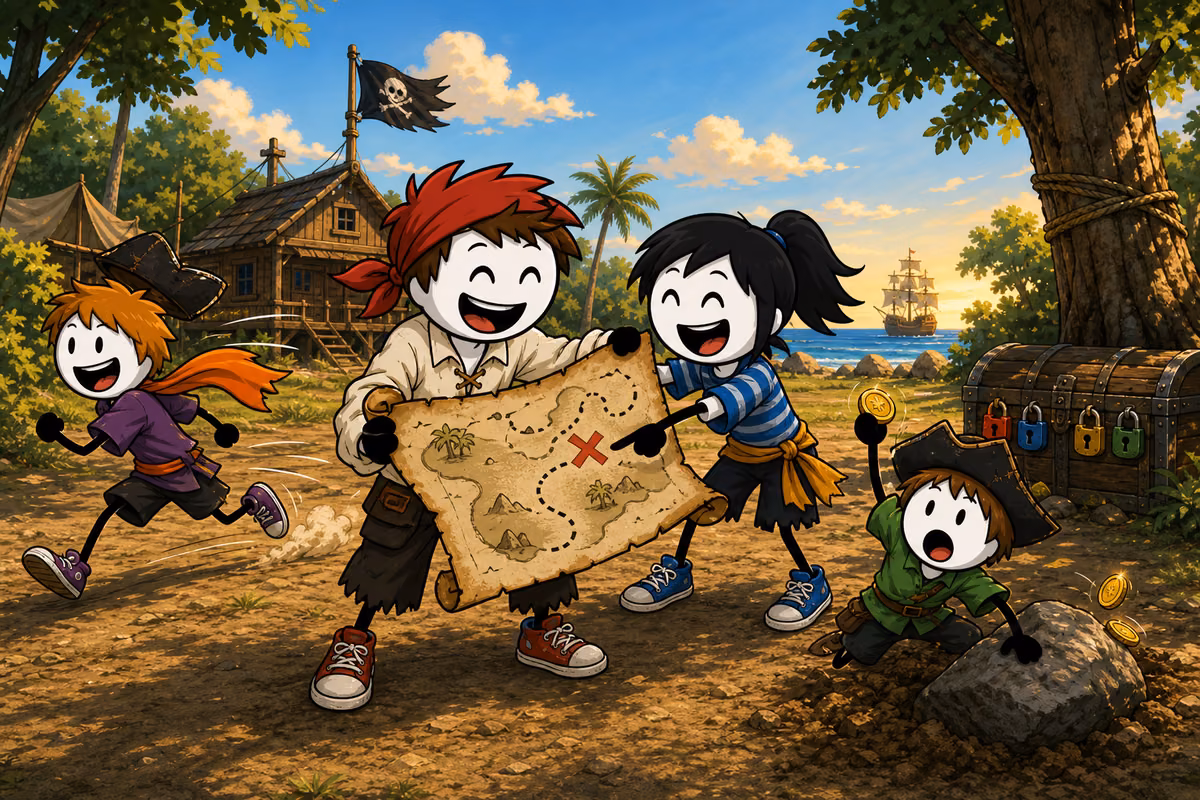 Chasse au trésor, grand jeu de plein air en colo et en accueil de loisirs : un équipage d'enfants costumés en pirates penché sur la carte au trésor à moitié reconstituée, une fille au tricorne trop grand pointe la croix du doigt pendant qu'un garçon lève une poignée de doublons, un coffre cerclé de fer au second plan