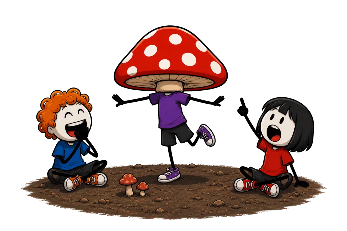 Devinettes pour les petits : un enfant déguisé en champignon, chapeau à pois rouges sur la tête, fait deviner sa réponse au reste du groupe