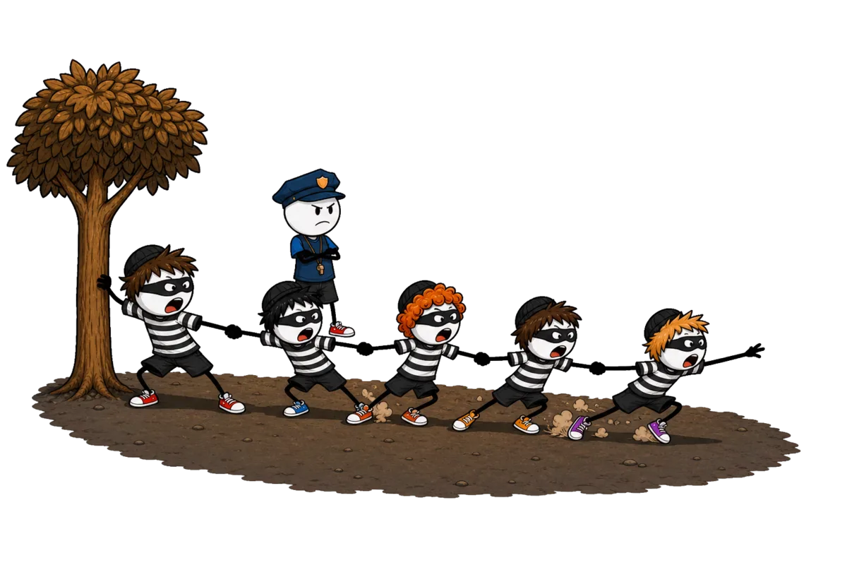 Délivrance, jeu de prise en colo : la chaîne des prisonniers en marinière rayée et loup noir, premier maillon ancré contre l'arbre, un policier en casquette surveille en retrait