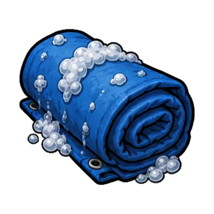 Intervilles, épreuve de la bâche savonneuse : une bâche en plastique bleue roulée, couverte de mousse
