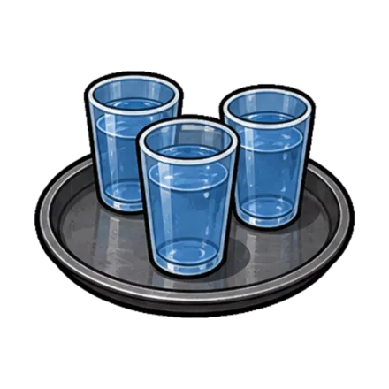 Intervilles, épreuve des garçons de café : un plateau de serveur portant trois gobelets d'eau pleins