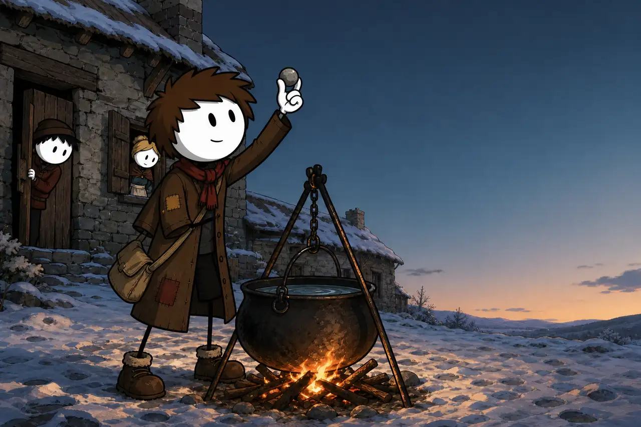 La soupe au caillou, conte à raconter aux enfants en colonie de vacances : sur la place enneigée d'un village, un voyageur en manteau usé dépose un caillou tout rond dans une grande marmite posée sur un feu, pendant que deux villageois l'observent depuis leur porte entrouverte