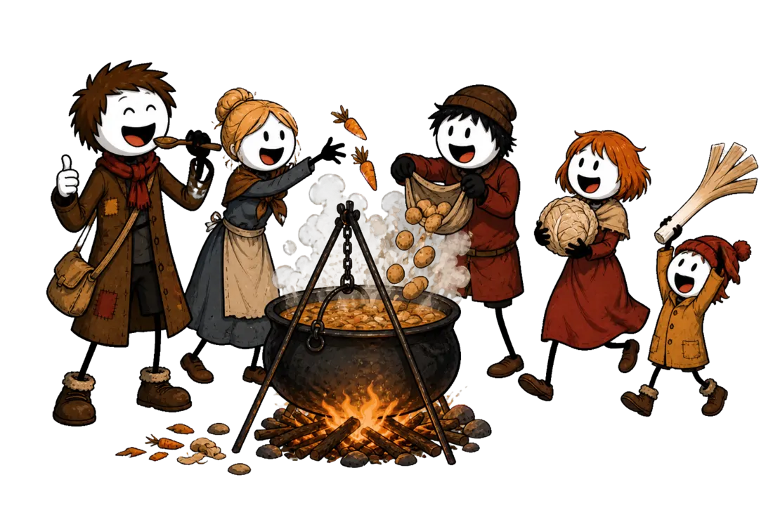 La soupe au caillou, conte à raconter aux enfants : quatre villageois jettent en même temps des carottes, des pommes de terre, un chou et un poireau dans la marmite qui déborde, pendant que le voyageur goûte sa cuillère en levant le pouce