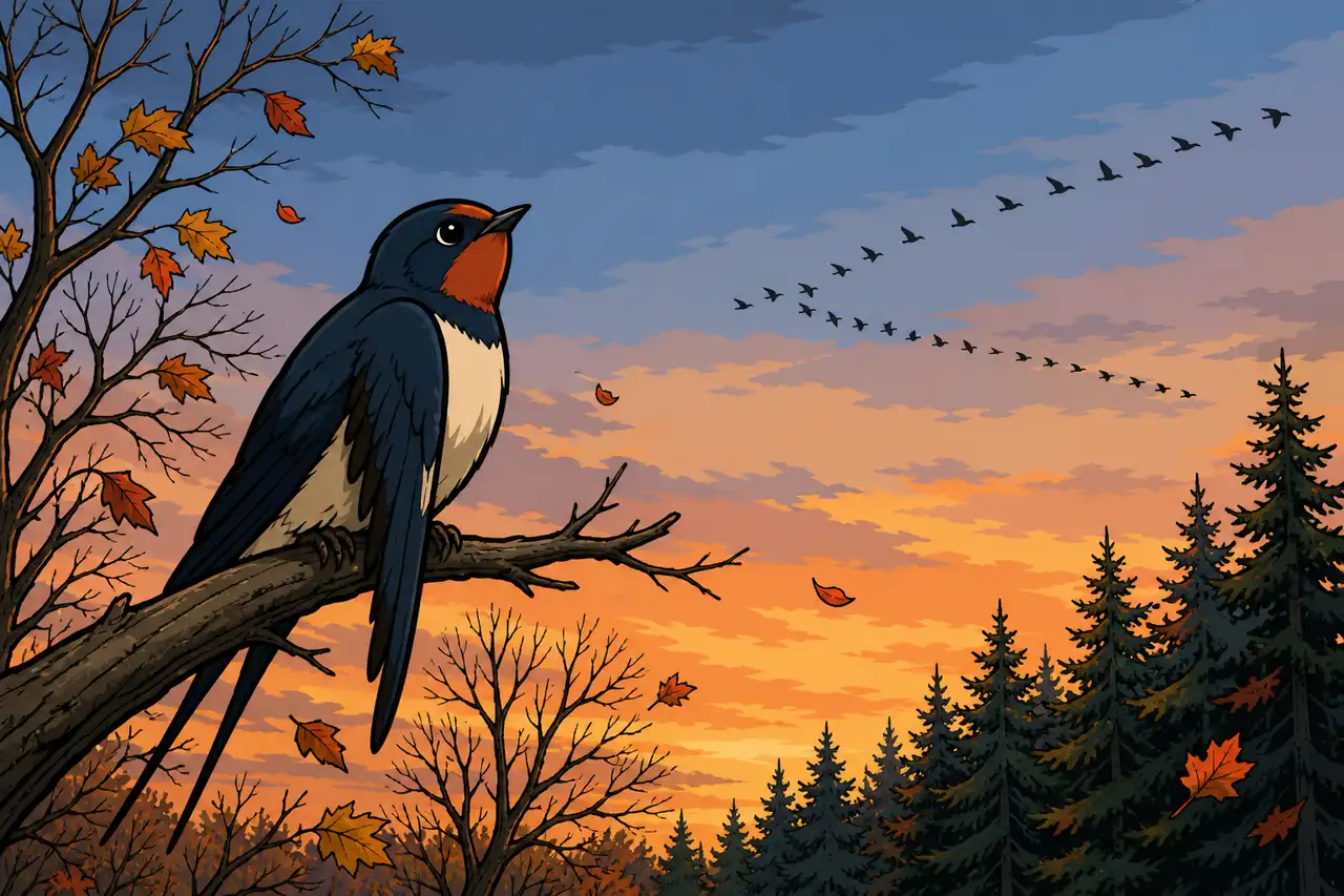 Hirondelle et les arbres, conte à raconter aux enfants en colonie de vacances : au bord d'un bois d'automne, une petite hirondelle posée sur une branche nue, une aile qui pend le long du corps, regarde s'éloigner dans le ciel gris le grand vol d'oiseaux qui part sans elle