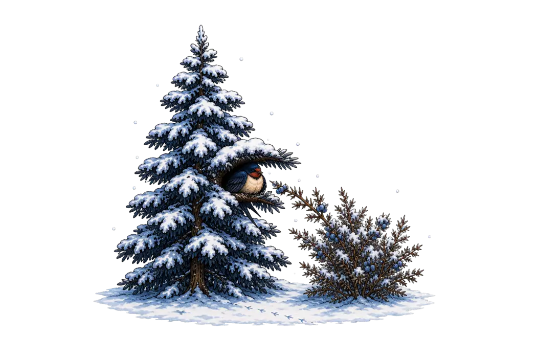 L'hirondelle et les arbres, conte à raconter aux enfants : l'hirondelle dort en boule, plumes gonflées et yeux fermés, calée dans une fourche du sapin chargé de neige dont une branche se recourbe au-dessus d'elle comme un auvent, pendant que le genévrier voisin penche vers elle ses baies bleu-gris