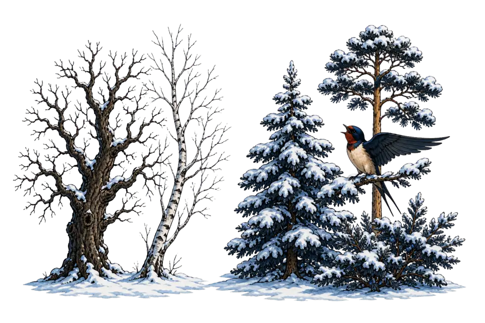 L'hirondelle et les arbres, conte à raconter aux enfants : au matin, le chêne et le bouleau sont entièrement nus sous la neige quand le sapin, le pin et le genévrier ont gardé toutes leurs aiguilles, et l'hirondelle chante perchée du côté des conifères