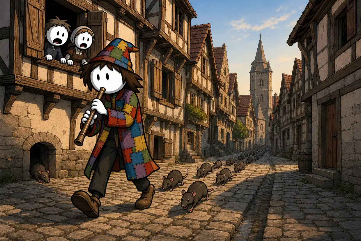 Le joueur de flûte de Hamelin, conte à raconter aux enfants en colonie de vacances : dans une rue pavée bordée de maisons à colombages, le joueur de flûte en habit rapiécé de toutes les couleurs souffle dans sa flûte en marchant sans se retourner, pendant qu'une dizaine de rats sortent des soupiraux et le suivent en file