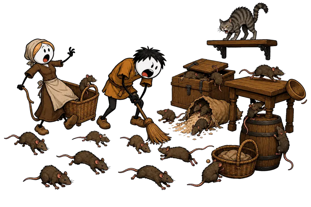 Le joueur de flûte de Hamelin, conte à raconter aux enfants : une quinzaine de rats rongent la huche à pain, éventrent un sac de farine et courent sur la table pendant qu'une femme recule d'un bond, qu'un homme frappe le sol de son balai et que le chat reste perché sur son étagère