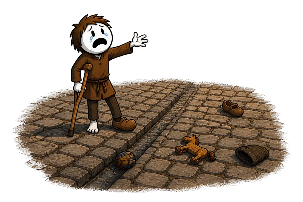 Le joueur de flûte de Hamelin, conte à raconter aux enfants : l'enfant qui boite reste seul au milieu de la rue pavée vide, appuyé sur sa béquille, la main tendue et les joues mouillées, au milieu d'une balle, d'un cheval de bois et d'un sabot que les autres ont laissés tomber