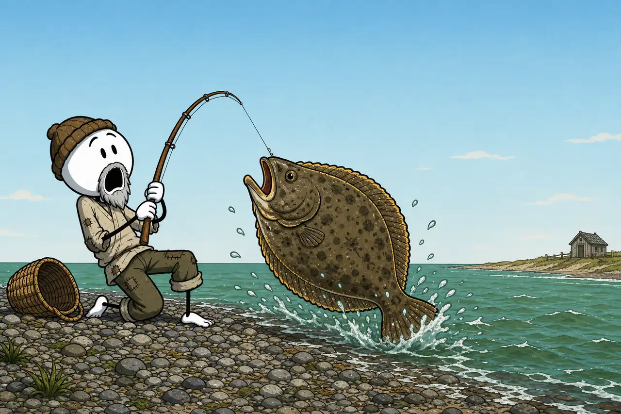 Le pêcheur et le poisson magique, conte à raconter aux enfants en colonie de vacances : au bord d'une mer verte, le pêcheur agenouillé sur les galets tient sa ligne à deux mains et écarquille les yeux pendant qu'un turbot immense aux écailles dorées sort de l'eau et ouvre la bouche pour lui parler