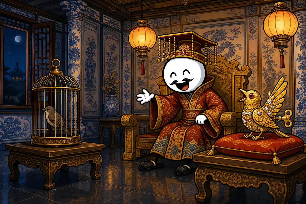 Le rossignol de l'empereur de Chine, conte à raconter aux enfants en colonie de vacances : dans la salle du palais de porcelaine, l'empereur en robe de soie tend la main vers l'oiseau mécanique doré qui chante sur son coussin, pendant que le vrai petit rossignol gris, enfermé dans sa cage d'or, tourne la tête vers la fenêtre ouverte