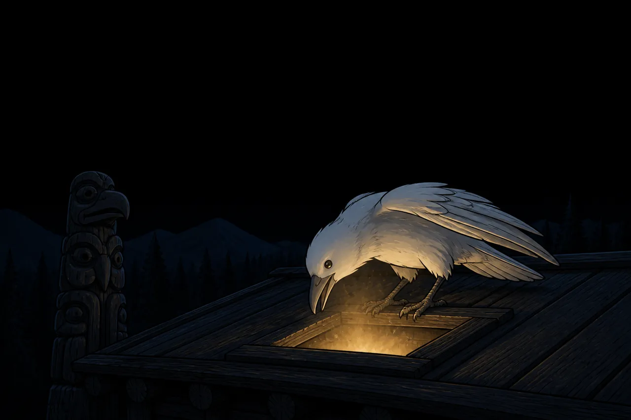 Comment le corbeau apporta la lumière, conte haïda à raconter aux enfants en colonie de vacances : sur le toit de planches de cèdre d'une maison plongée dans la nuit, un corbeau entièrement blanc se penche au bord du trou à fumée et regarde en bas, la lumière dorée qui monte du foyer éclairant son poitrail et le dessous de ses ailes