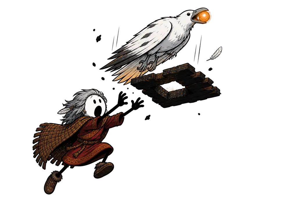 Comment le corbeau apporta la lumière, conte haïda à raconter aux enfants : le corbeau encore blanc se force dans l'ouverture étroite du trou à fumée avec la boule de lumière dans le bec, ses plumes déjà striées de suie noire contre les parois grasses, pendant que le grand-père saute sous lui et referme les deux mains sur du vide