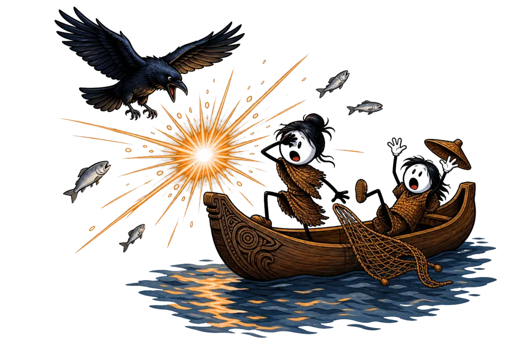 Comment le corbeau apporta la lumière, conte haïda à raconter aux enfants : le corbeau, devenu entièrement noir, ouvre le bec en plein vol et lâche la boule de lumière qui éclate en rayons dorés au-dessus d'une pirogue de cèdre, où une pêcheuse lâche son filet en se protégeant les yeux et son compagnon bascule en arrière sur son banc