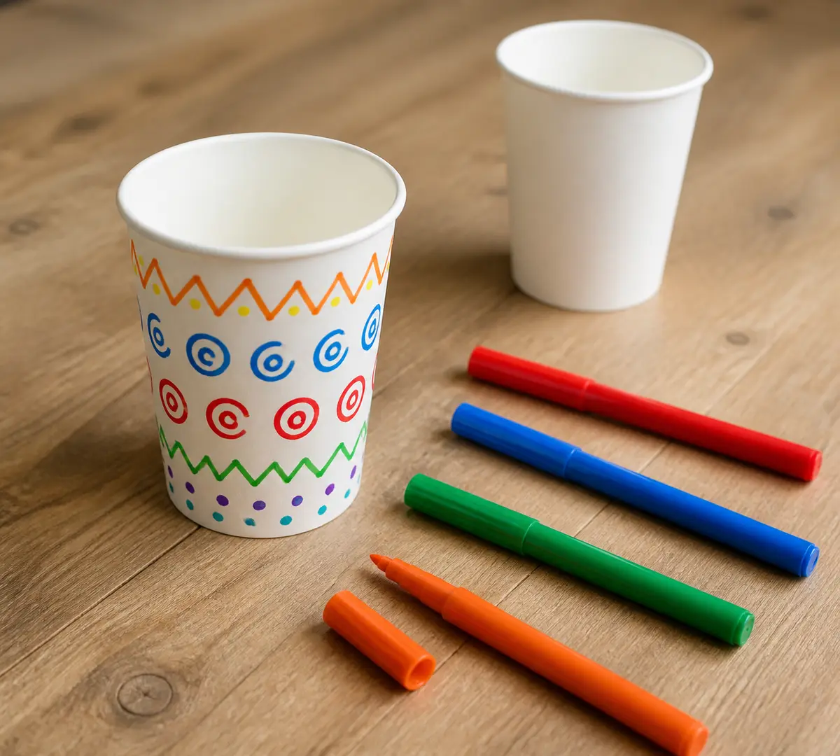 Bilboquet en carton, étape 1 : le gobelet décoré aux feutres posé sur la table à côté des feutres et d'un gobelet vierge