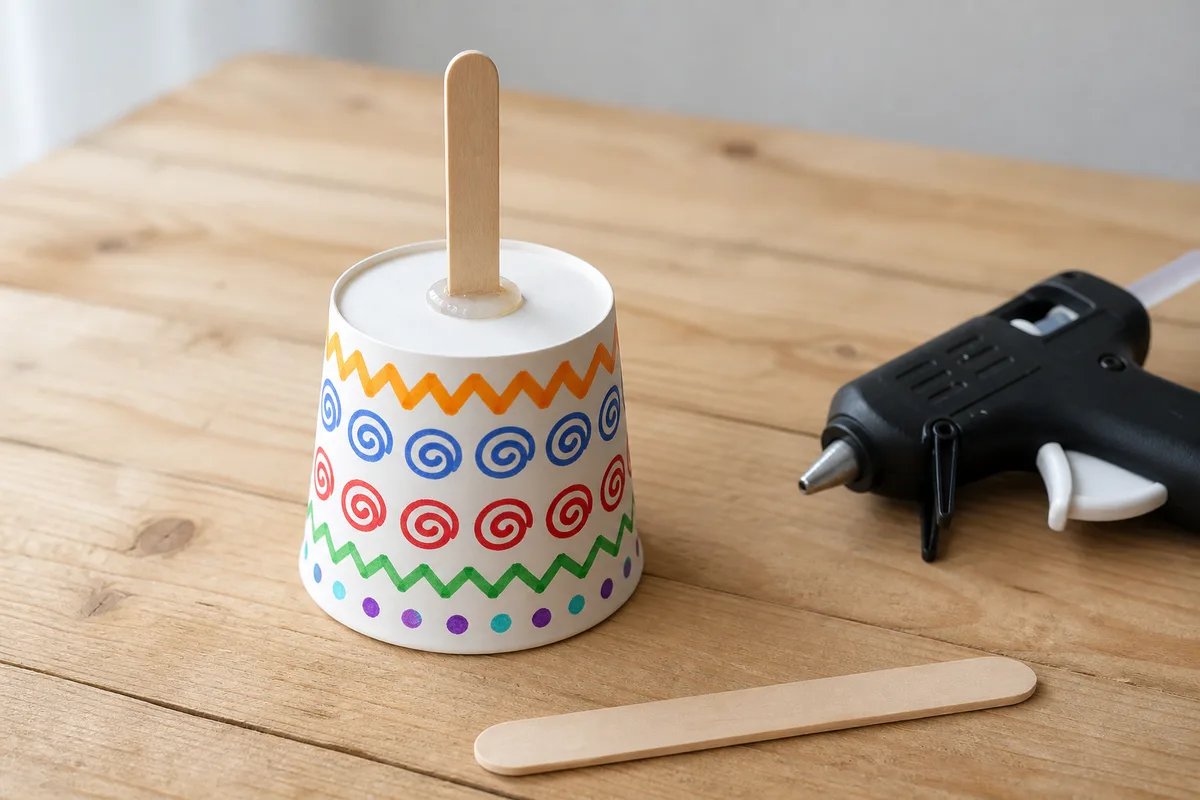Bilboquet en carton, étape 2 : le bâton de glace planté et collé dans le fond percé du gobelet retourné