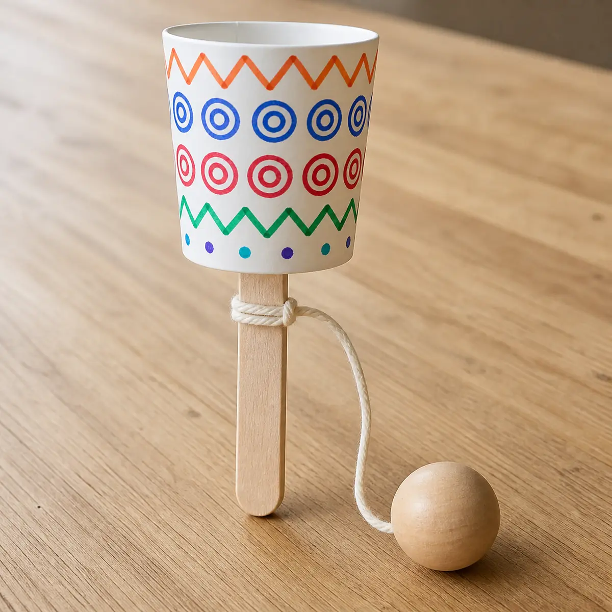 Bilboquet en carton, étape 3 : le bilboquet fini, le fil noué sous le gobelet décoré et la grosse perle en bois au bout