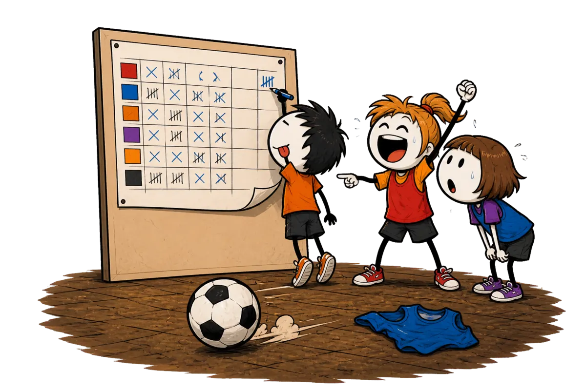Tournoi de foot : un joueur inscrit au feutre le score du jour sur le grand tableau de classement affiché, pendant que deux joueuses encore en dossard suivent la ligne du doigt