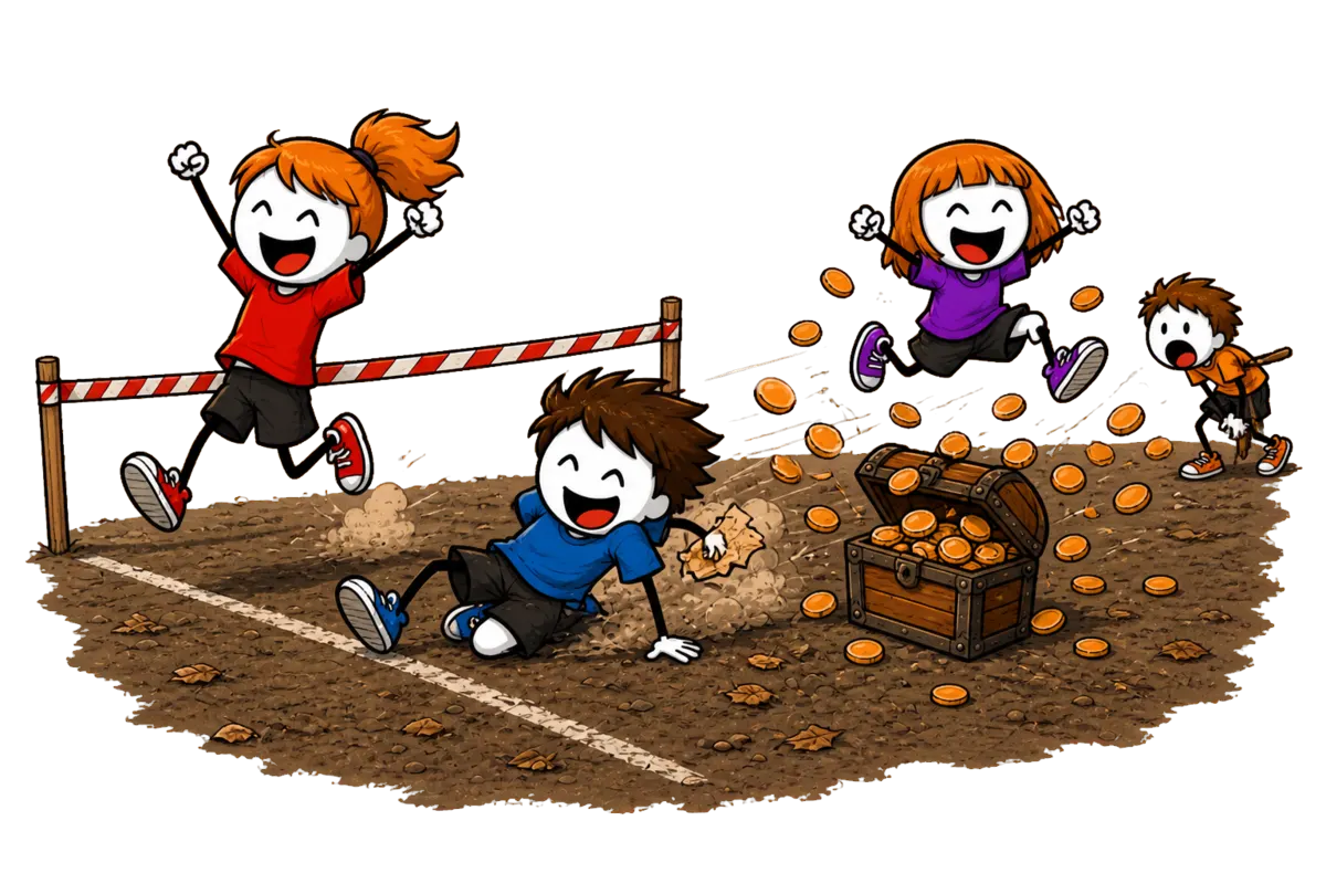 Fin d'un jeu de piste : trois joueurs franchissent la ligne d'arrivée devant le coffre au trésor pendant que le quatrième arrive essoufflé loin derrière