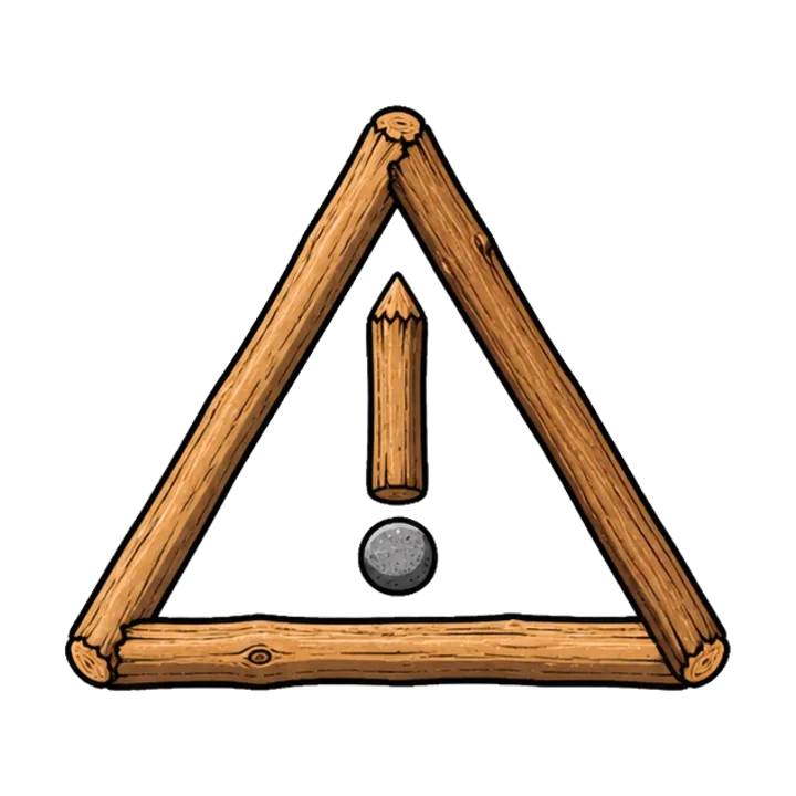 Jeu de piste, signe de piste : un triangle de bâtons contenant un point d'exclamation fait d'un bâton et d'un caillou