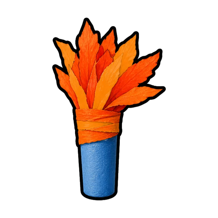 Olympiades, décor de cérémonie : flambeau bricolé : une frite de piscine coiffée de bandes de papier crépon orange et jaune