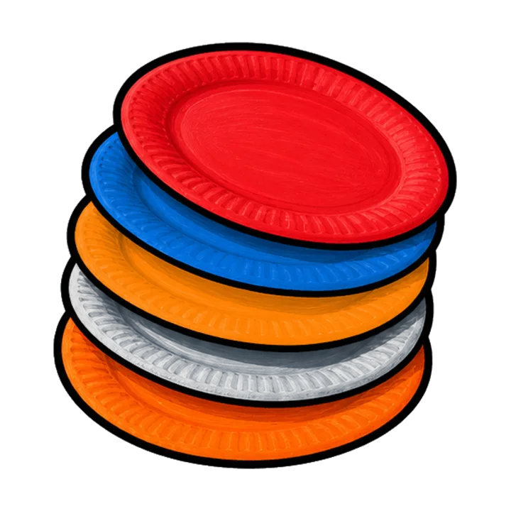 Olympiades, décor de cérémonie : cinq assiettes en carton peintes de couleurs différentes, empilées en éventail avec un pinceau posé dessus