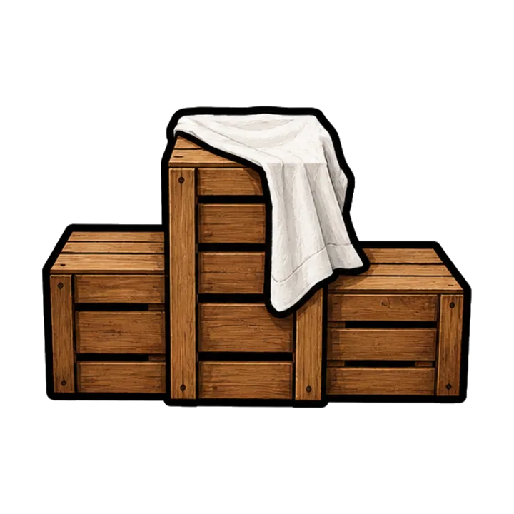 Olympiades, décor de cérémonie : podium fait de trois cagettes en bois empilées à trois hauteurs, recouvertes d un drap