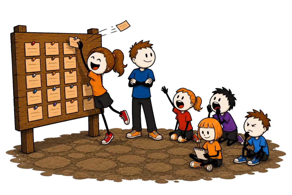 Le secret des anims en colo : le tableau des secrets affiché dans un couloir, des jeunes devant qui lisent les papiers et discutent de qui a écrit quoi