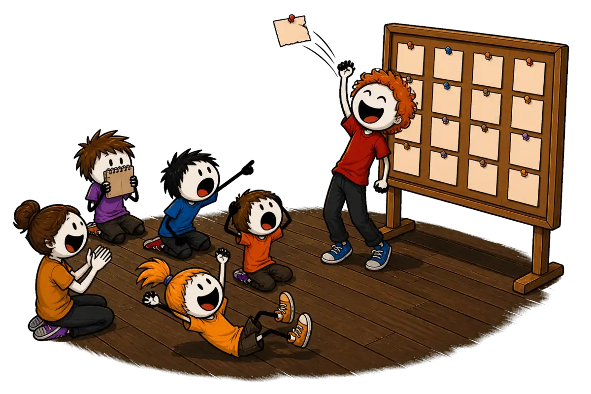 Le secret des anims en colo : au dernier soir, un animateur debout devant le tableau raconte son vrai secret pendant que les jeunes assis en cercle réagissent