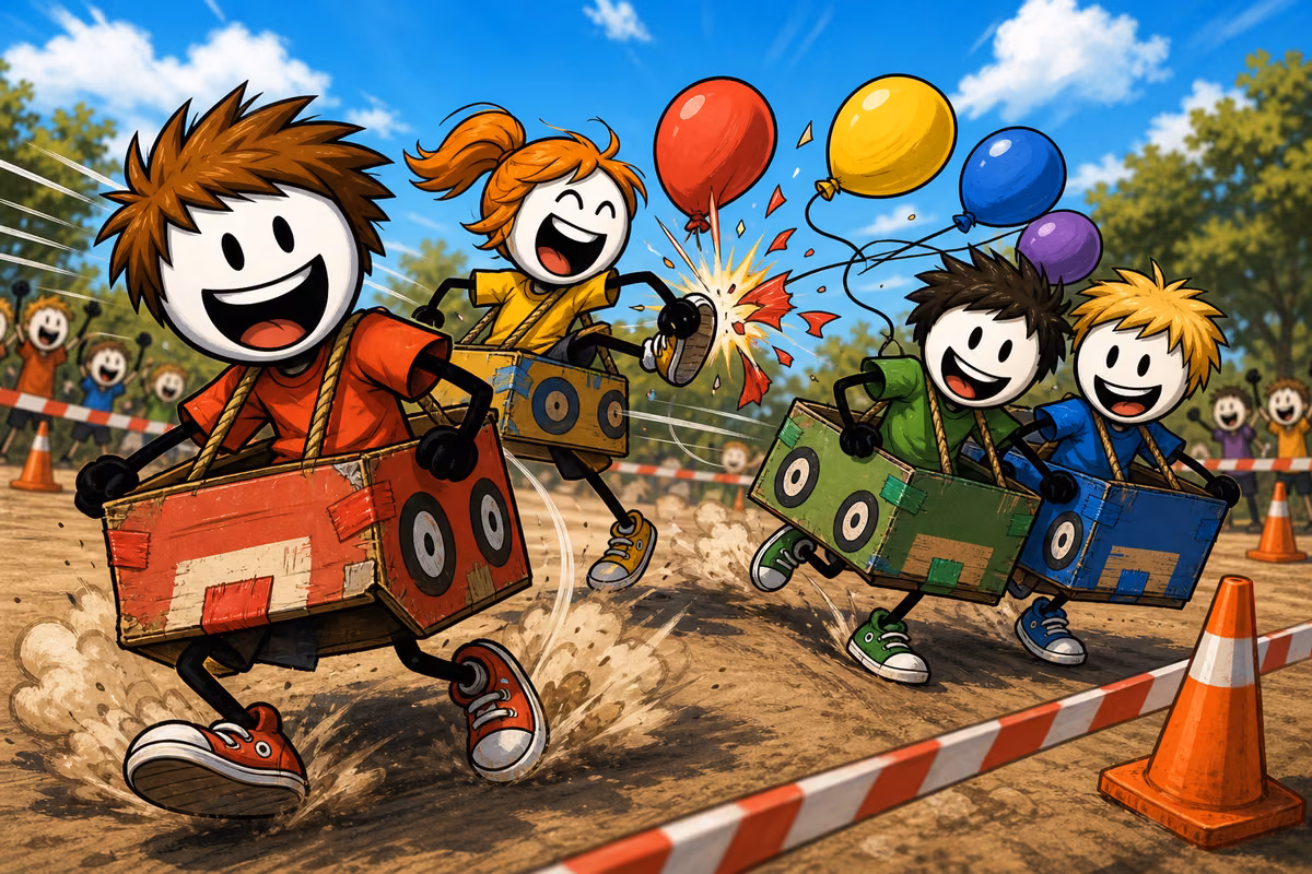 Mario Kart géant, grand jeu en colo et centre de loisirs : quatre enfants courent enfilés dans des karts en carton peints, des ballons de baudruche accrochés derrière eux au bout d'une ficelle, dont un vient d'éclater en pleine course