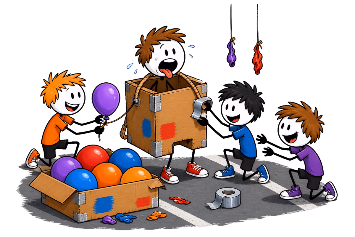 Mario Kart géant, bataille de ballons : un pilote rentre au stand avec deux lambeaux de ballon crevé pendus derrière son kart en carton, l'animatrice lui noue un ballon neuf pris dans la caisse du stock pendant qu'un coéquipier attend de prendre sa place