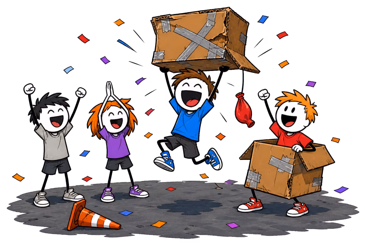 Mario Kart géant, la victoire du championnat : le vainqueur saute les deux pieds en l'air en brandissant son kart en carton défoncé et rafistolé au scotch au-dessus de sa tête, sous les confettis et la banderole d'arrivée à damier