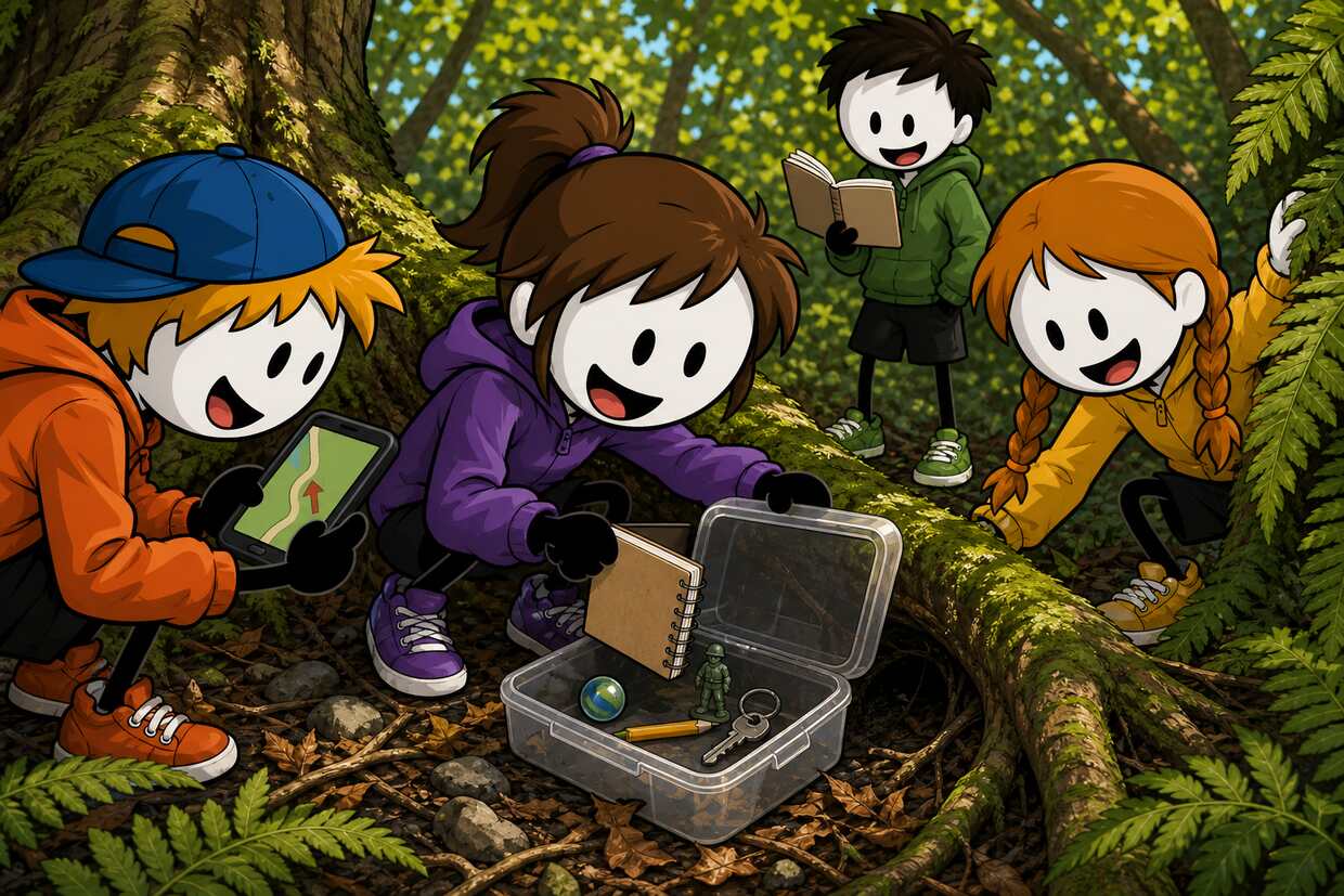 Geocaching en colo et centre de loisirs : une fille accroupie sort le carnet d'une boîte étanche calée sous une racine, une bille et un porte-clés visibles à l'intérieur, pendant qu'un garçon lit les coordonnées sur son téléphone et qu'une autre écarte les fougères pour voir dans le trou.