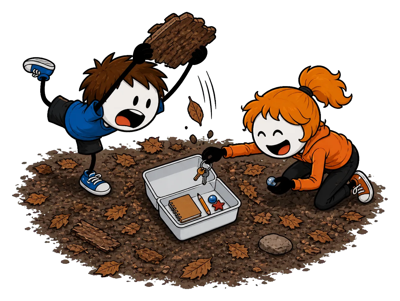 Geocaching : la remise en place, une fille laisse tomber un porte-clés dans la boîte en gardant la bille qu'elle vient d'y prendre, tandis qu'un garçon soulève à deux mains au-dessus de sa tête la plaque d'écorce qui va recouvrir la cache