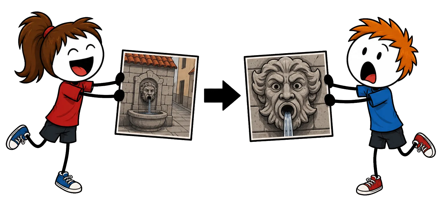 Course aux photos, le cadrage fait la difficulté : à gauche une joueuse tient le tirage large où la fontaine se devine avec sa ruelle et son toit, à droite un joueur perplexe tient le même détail cadré serré sur le seul mascaron, une flèche noire allant du plus facile au plus difficile