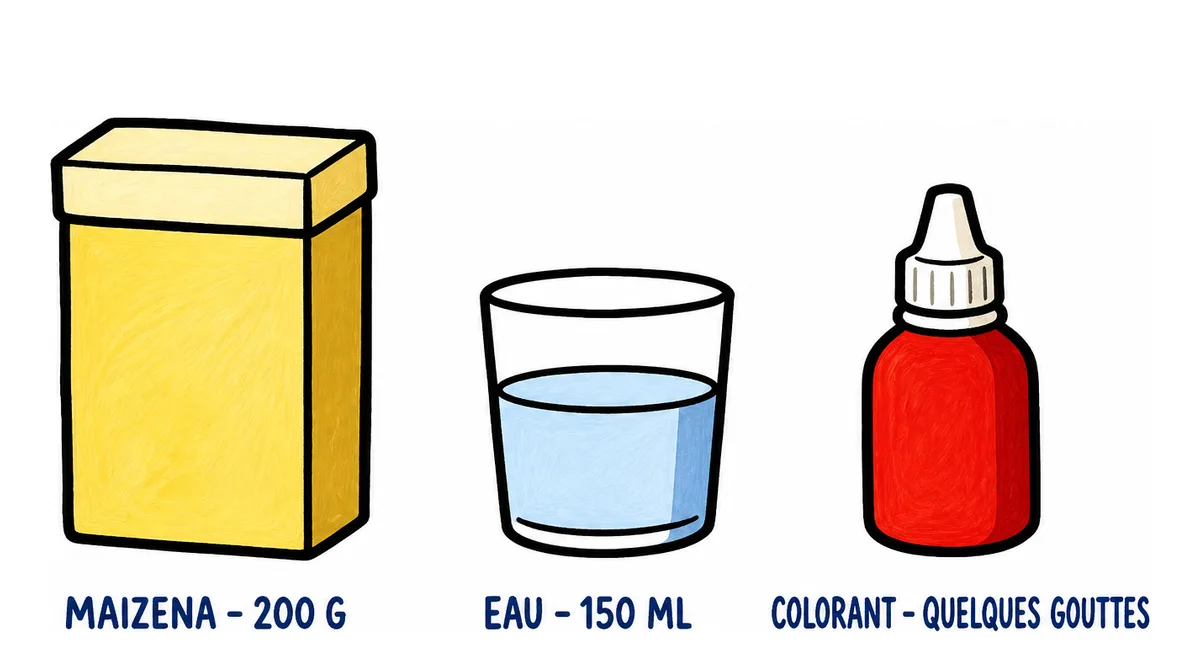 Recettes de slime : les ingrédients du slime à la maïzena et à l'eau, une boîte de maïzena, un verre d'eau et un flacon de colorant avec leurs doses
