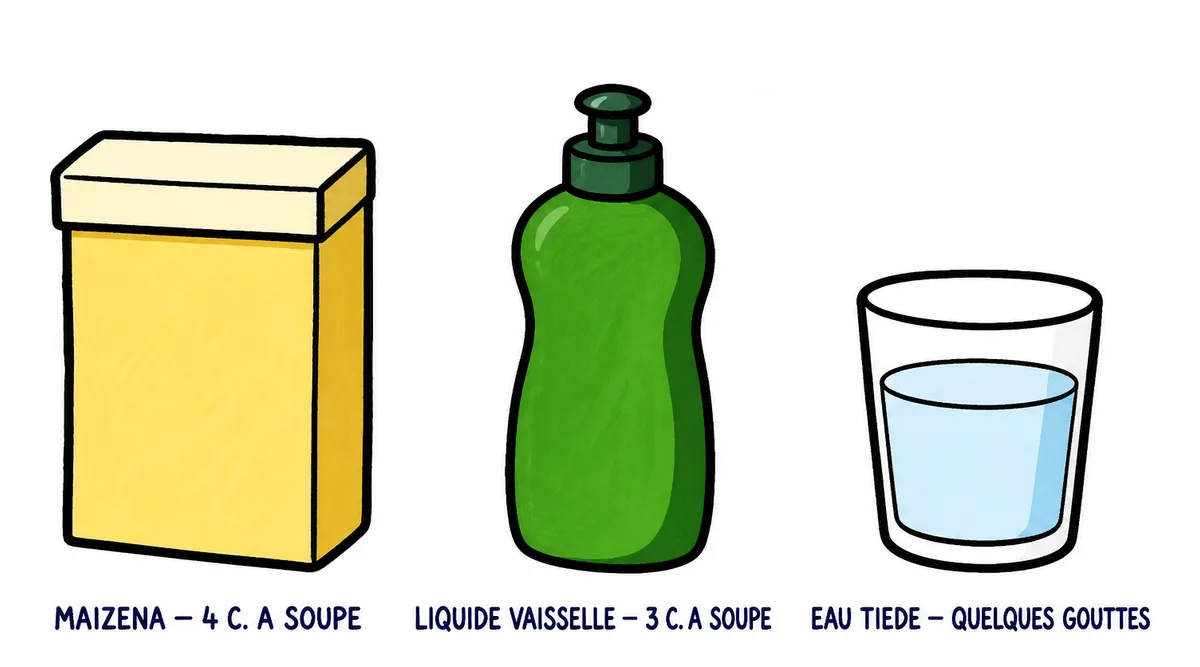 Recettes de slime : les trois ingrédients du slime sans colle, maïzena, liquide vaisselle et eau tiède, avec leurs doses