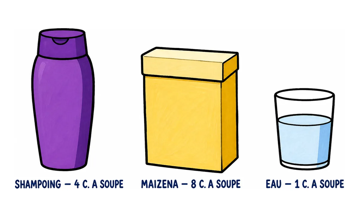 Recettes de slime : les ingrédients du slime au shampoing, un flacon de shampoing et une boîte de maïzena avec leurs doses