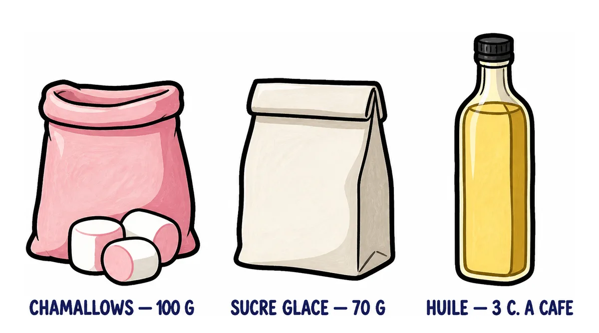 Recettes de slime : les ingrédients du slime comestible aux chamallows, chamallows, sucre glace et huile, avec leurs doses