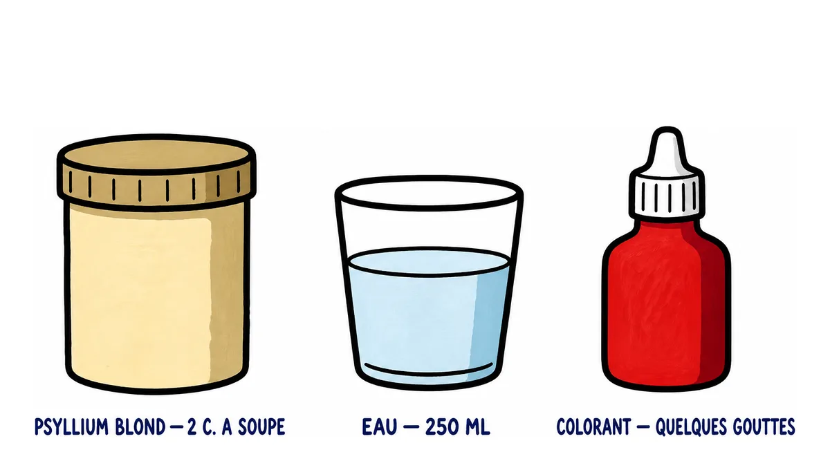 Recettes de slime : les ingrédients du slime au psyllium blond, un pot de psyllium en poudre, un verre d'eau et du colorant avec leurs doses