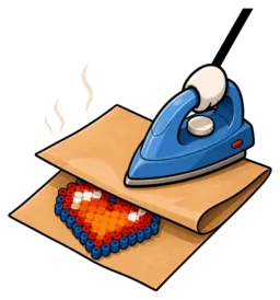 Perles à repasser : le papier cuisson replié sur le motif et le fer qui soude la face arrière