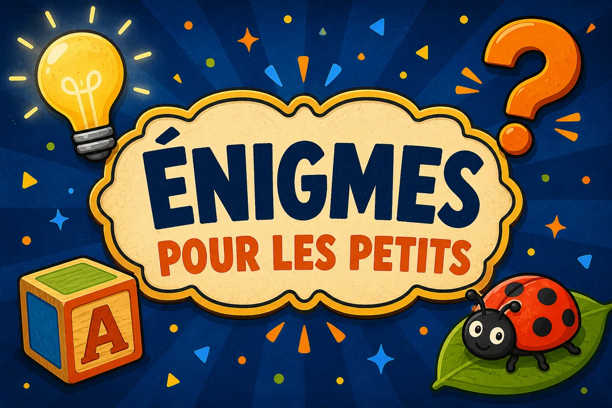 Énigmes pour les petits : le panneau ÉNIGMES POUR LES PETITS entouré d'une ampoule allumée, d'un gros point d'interrogation orange, d'un cube en bois et d'une coccinelle