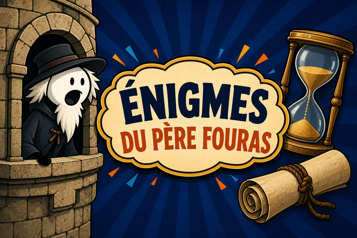 Énigmes du Père Fouras : le panneau ÉNIGMES DU PÈRE FOURAS sur fond bleu nuit, le vieux sage à barbe blanche penché à la fenêtre de sa tour de pierre, un sablier et un parchemin roulé à côté