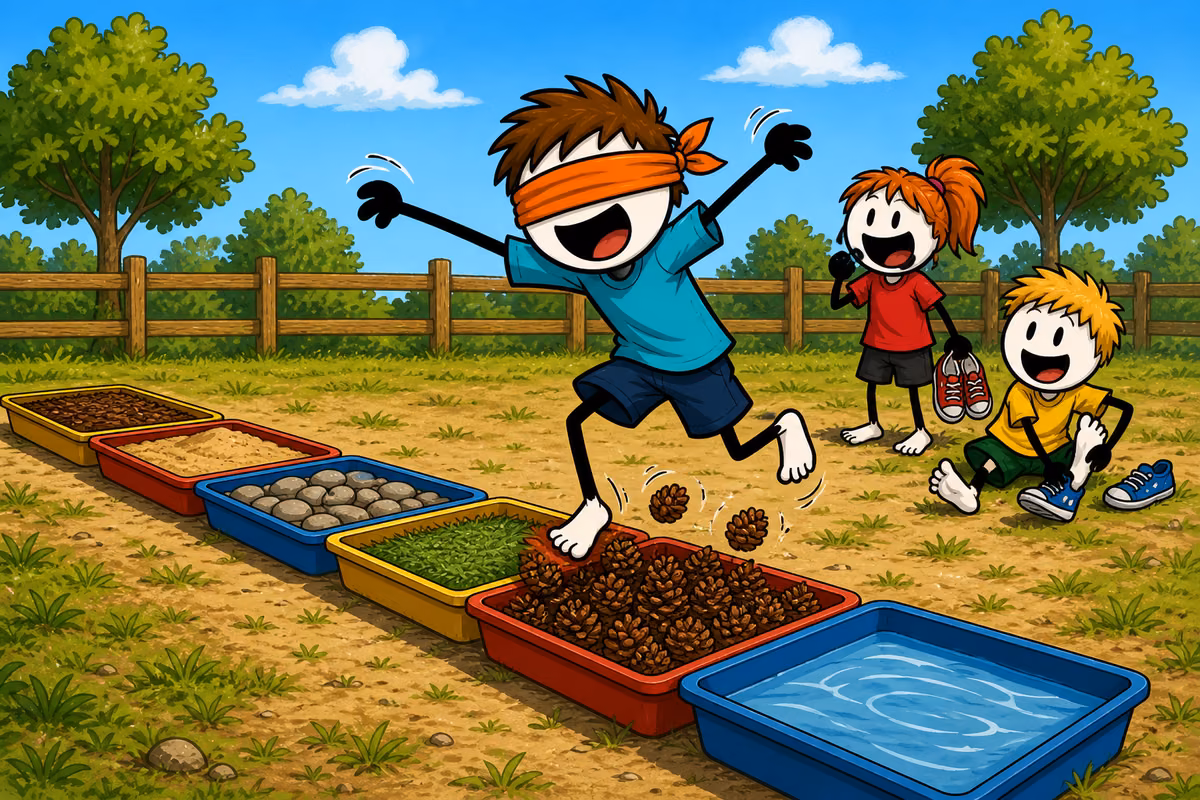 Parcours sensoriel pieds nus installé dans l'herbe, un enfant aux yeux bandés avance d'un bac de sable à un bac de pommes de pin en tenant la main d'un camarade.