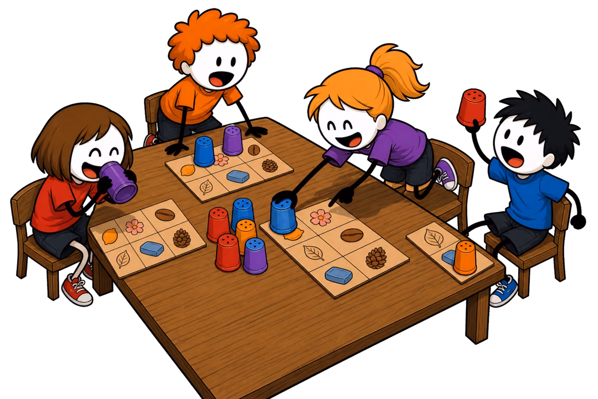 Loto des odeurs : quatre enfants autour d'une table sentent des gobelets percés et les posent sur les images de leur planche