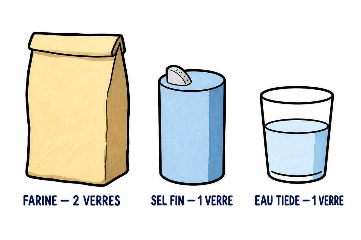 Pâte à sel : les trois ingrédients de la recette classique, deux verres de farine, un verre de sel fin et un verre d'eau tiède